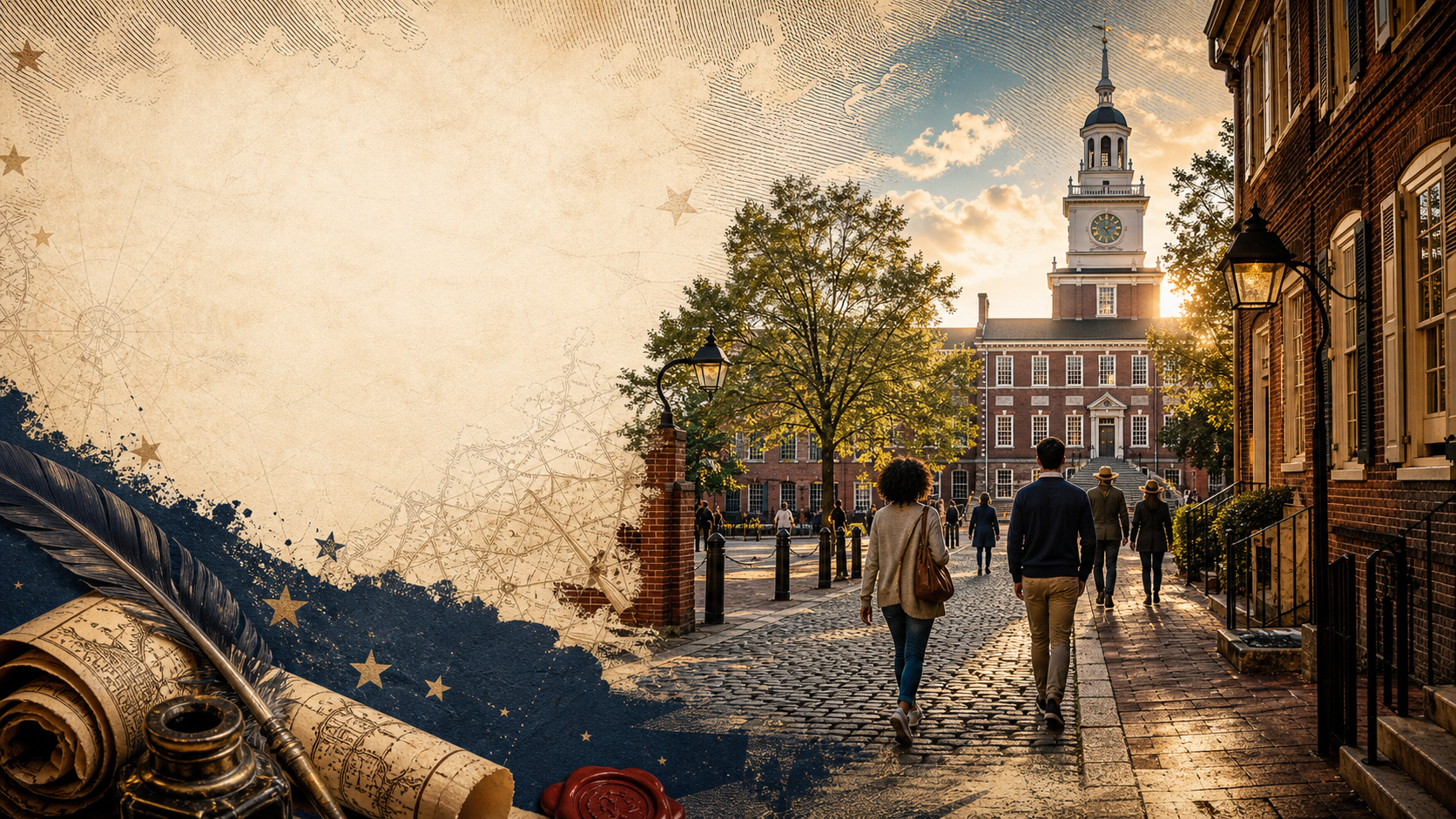Visitors walking a cobblestone street toward Independence Hall in warm afternoon light
